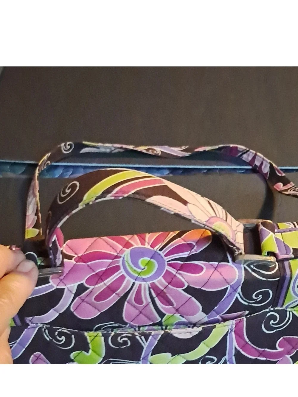 Vera Bradley Floral Brown Quilt Purple Green Shoulder Bag Turn Lock Zip, Pockets